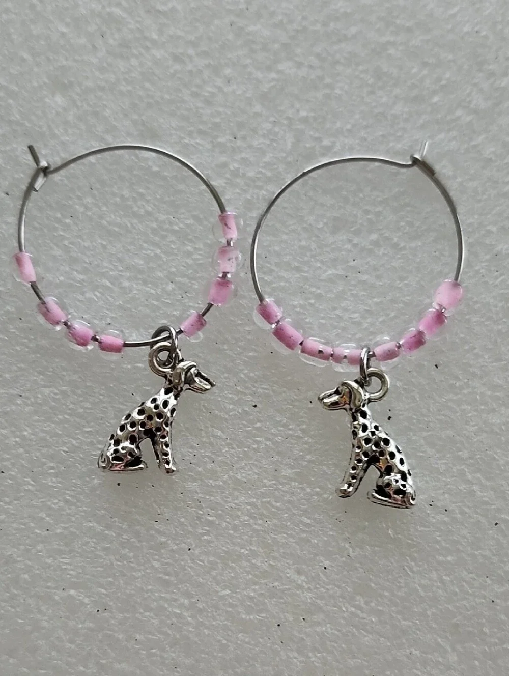 Hand Crafted Pink Beaded Hoop Earrings with Silver Dog Charms